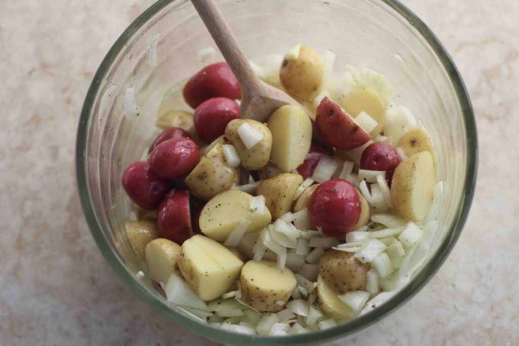 Potatoes and sweet onion in olive oil