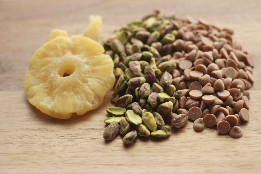 Dried Pineapple, Pistachios, and butterscotch chips