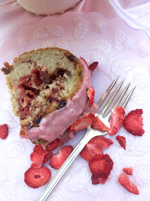 A German style Strawberry Bunt Cake with fresh & dried strawberries