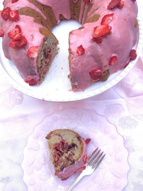 A German style Strawberry Bunt Cake with fresh & dried strawberries