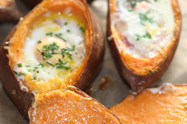 Breakfast Sweet Potatoes: Eggs Baked in Sweet Potatoes with Cheese & Bacon