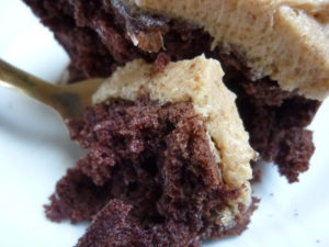 chocolate sauerkraut spice cake with caramel frosting