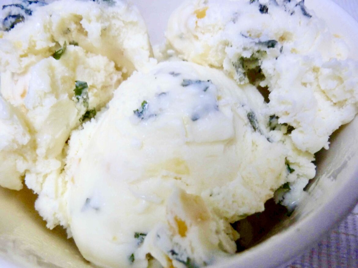 Sweet Corn Ice Cream with Candied Basil