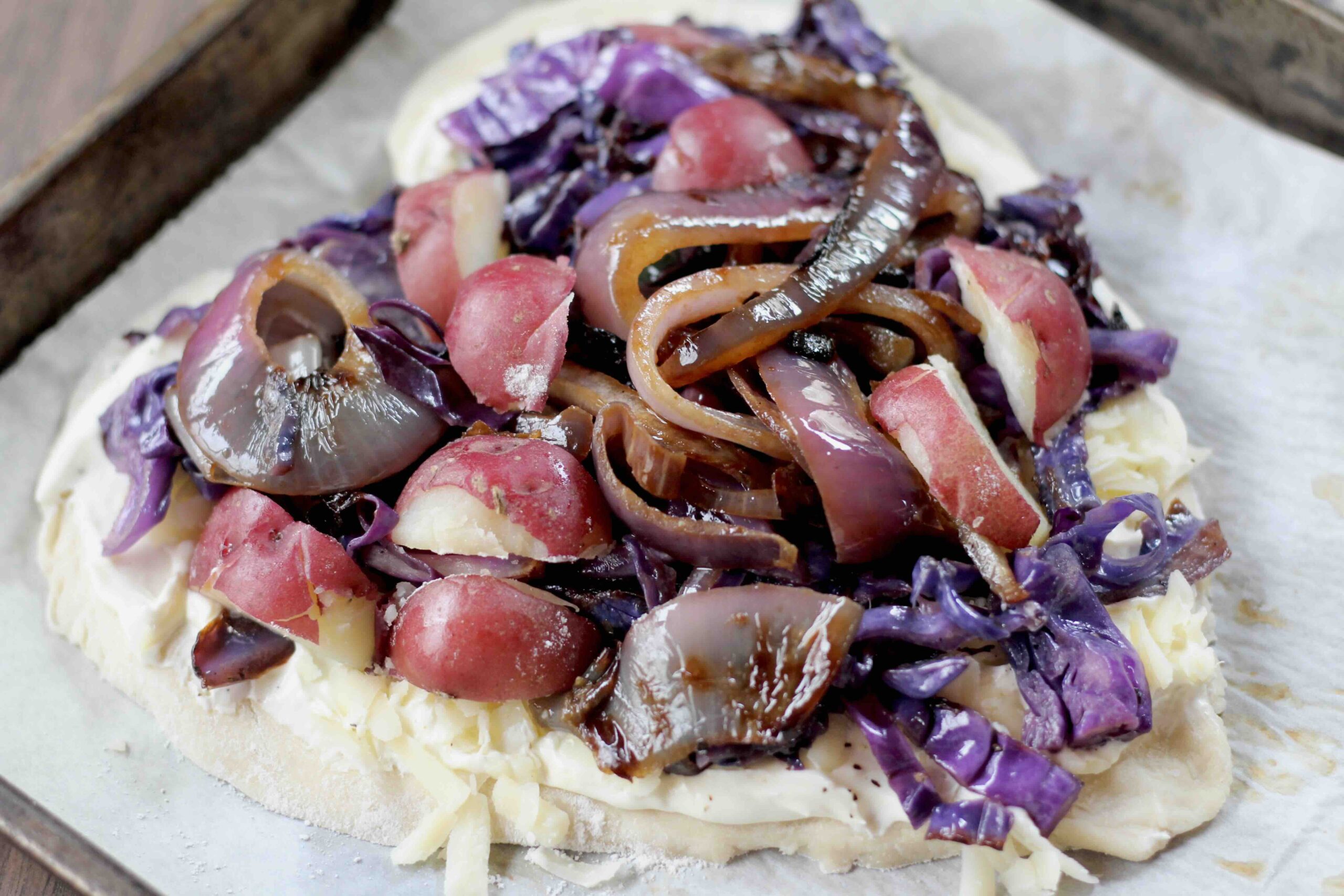 Red Cabbage and Potato Valentine's Flammkuchen