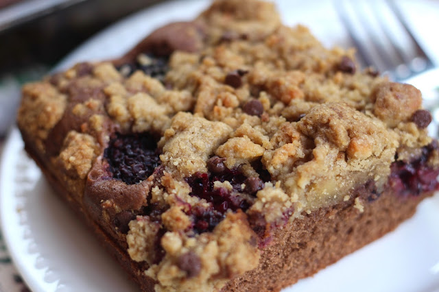 Fresh Blackberry Chocolate Cake with Marzipan Chocolate Chip Streusel