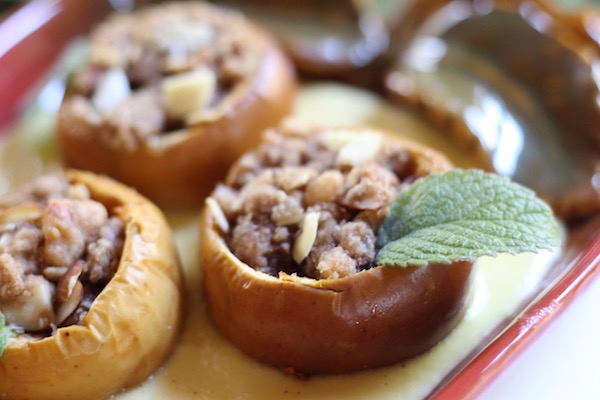 Oatmeal Marzipan Stuffed Baked Lady Apples with German Vanilla Sauce