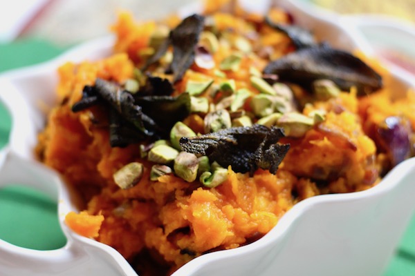 Butternut Squash Mash with Caramelized Onions,  Candied Sage and Pistachios