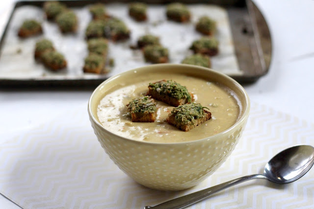 Creamy Potato Spring Vegetable Soup with Sunflower Seed Pesto