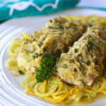 Herbed Potato Horseradish Crusted Turkey Breasts Over Zucchini Noodles