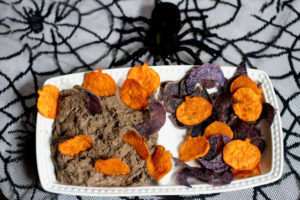 Black Sesame Bean Dip with Sweet & Purple Potato Halloween Chips