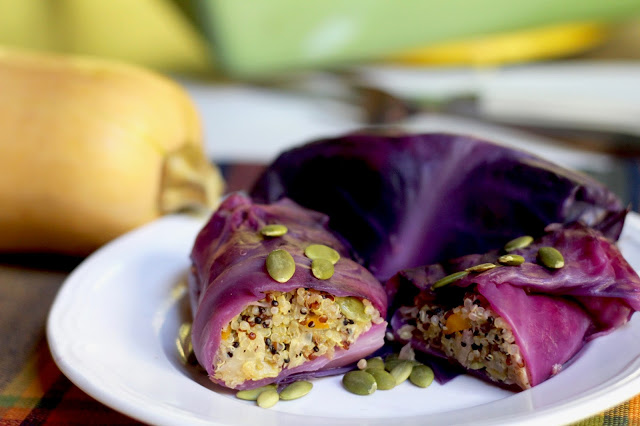 BUTTERNUT SQUASH SAUERKRAUT QUINOA CABBAGE ROLLS