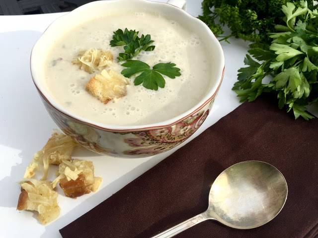 Parsley Root Cream Soup with Gouda Croutons