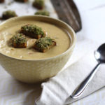 Creamy Spring Vegetable Soup with Sunflower Seed Pesto Croutons
