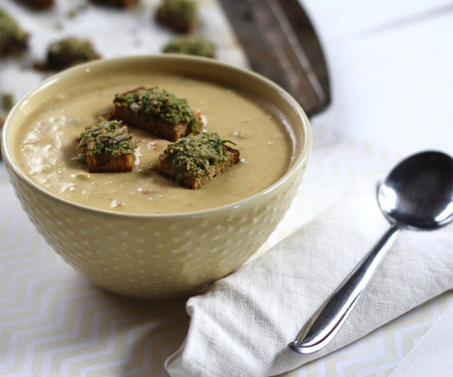 Creamy Potato Spring Vegetable Soup with Sunflower Seed Pesto Croutons
