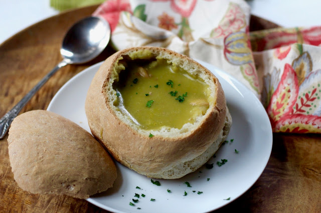 Pea Soup with Wurst in Bread Bowls