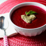 Red Beet Apple Soup with Toasted Walnut Pesto Hearts