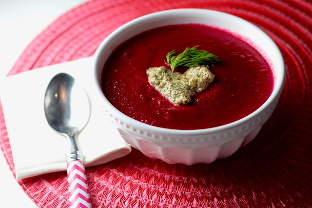 Red Beet Apple Soup with Toasted Walnut Pesto Hearts