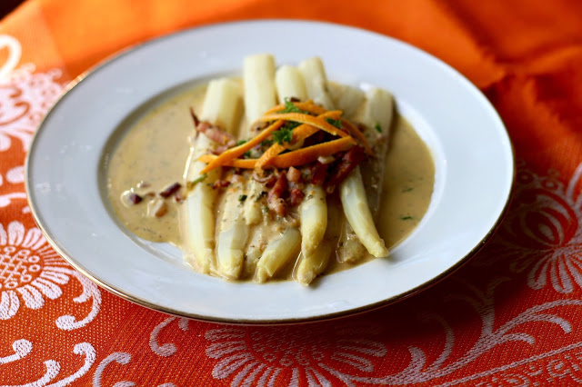 White Asparagus with Speck in Orange Chervil Sauce