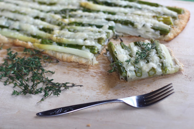 White & Green Asparagus Thyme Tart with Swiss Cheese
