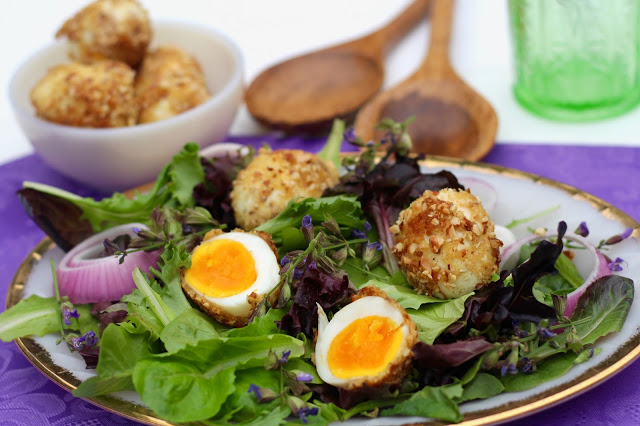 Almond Crusted Eggs on a Sage Flower Herb Salad