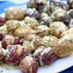 Red, White & Blue Hasselback Potatoes in Gouda Thyme Cream Sauce