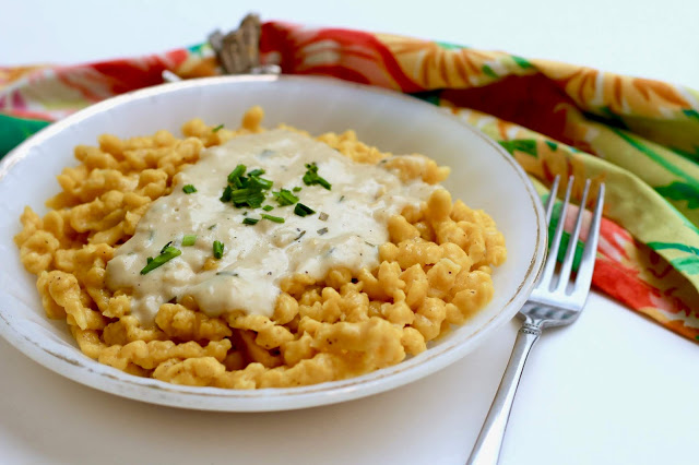 Carrot Spätzle in chive cream sauce