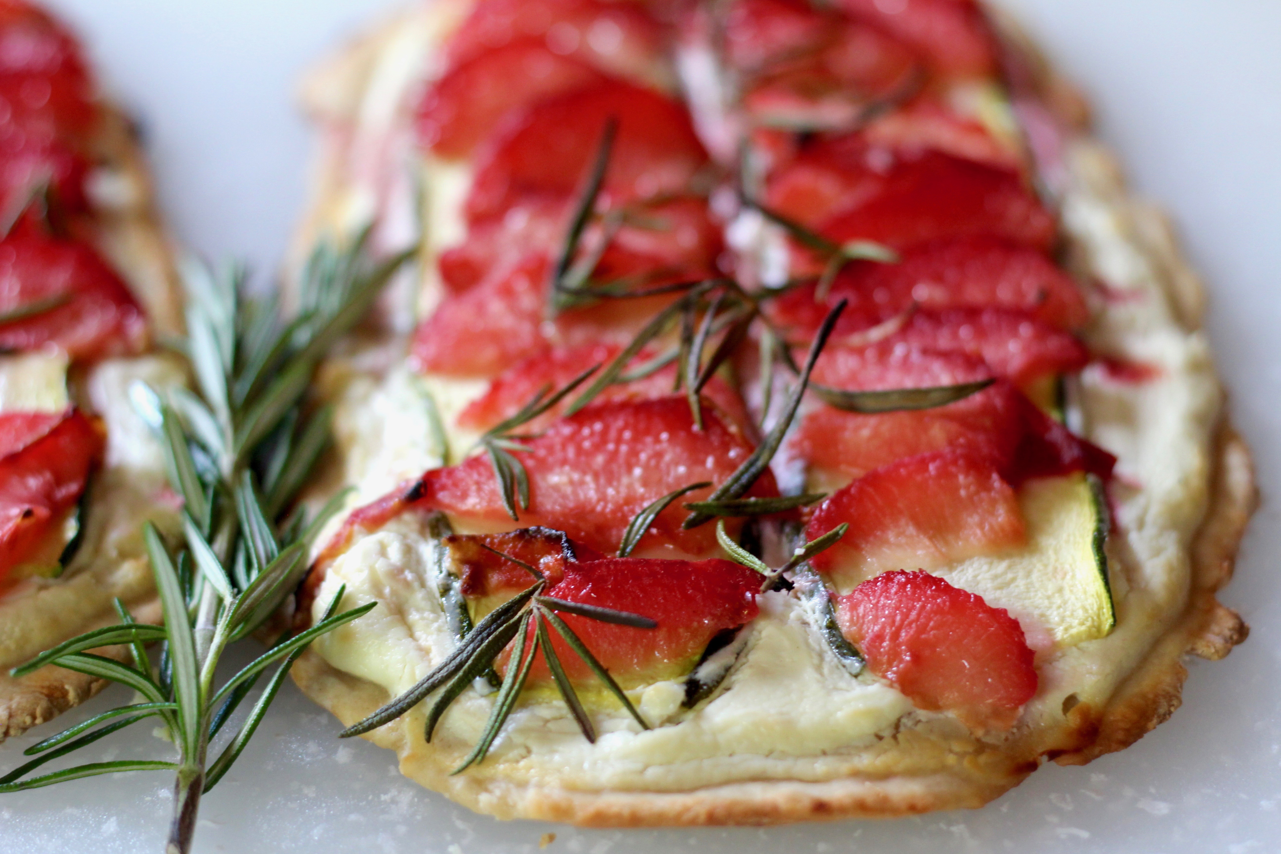 Plumcot, Goat Cheese, Zucchini, Rosemary Flammkuchen