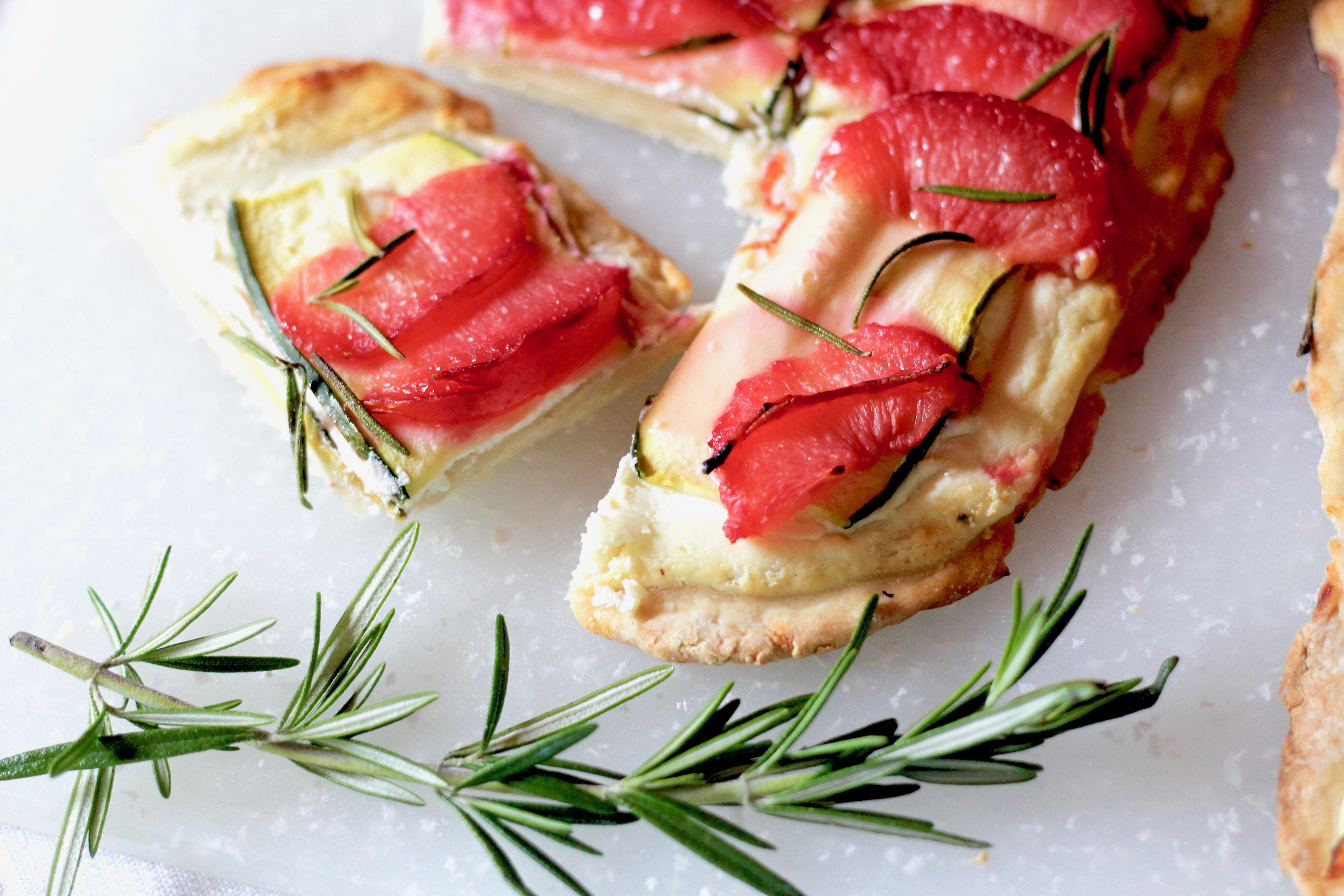 Plumcot, Goat Cheese, Zucchini, Rosemary Flammkuchen