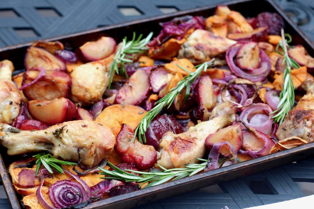 Rosemary Chicken Legs with Plums and Sweet Potatoes