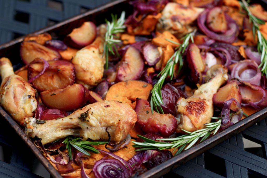 Roasted Rosemary Chicken Legs with Plums and Sweet Potatoes