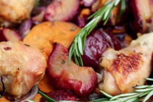 Roasted Rosemary Chicken with Sweet Potatoes & Plums
