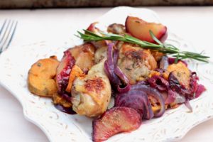 Roasted Rosemary Chicken Legs with Sweet Potatoes & Plums
