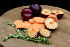 Roasted Rosemary Chicken Legs with Sweet Potatoes & Plums