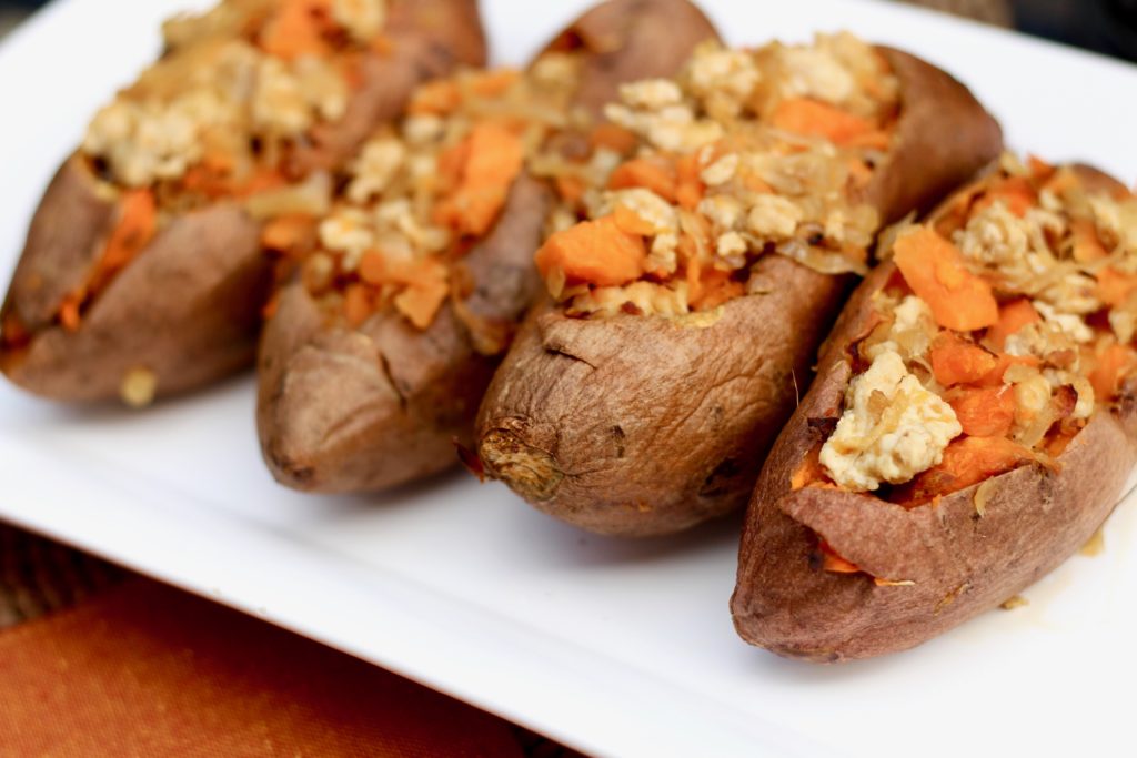 Caramelized Sauerkraut Stuffed Sweet Potatoes