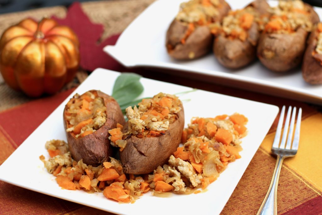 Ground Turkey Caramelized Sauerkraut Stuffed Sweet Potatoes