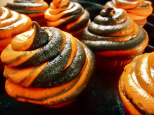 Orange Velvet Cupcakes with Halloween Swirl Buttercream Frosting