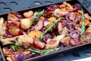 Roasted Rosemary Chicken, Sweet Potatoes & Plums