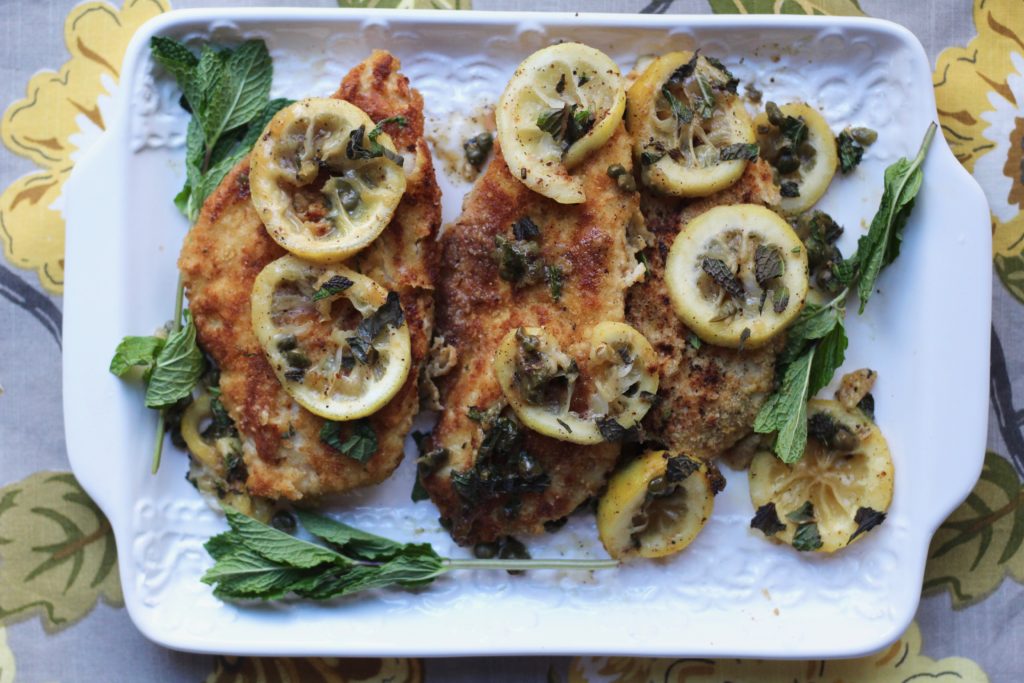 Lemon Chicken Schnitzel with mint and capers