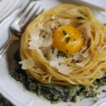 Fried Egg Spaghetti Nest Over Homemade Creamed Spinach