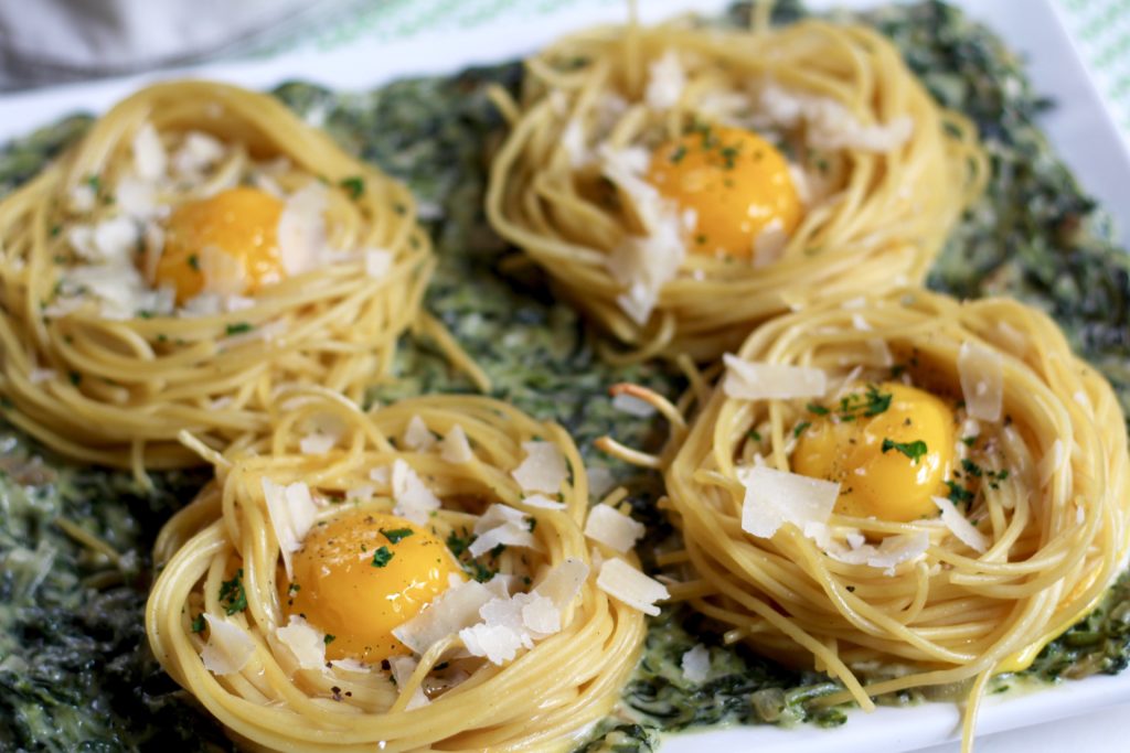 Fried Eg Spaghetti Nests Over Homemade Creamed Spinach
