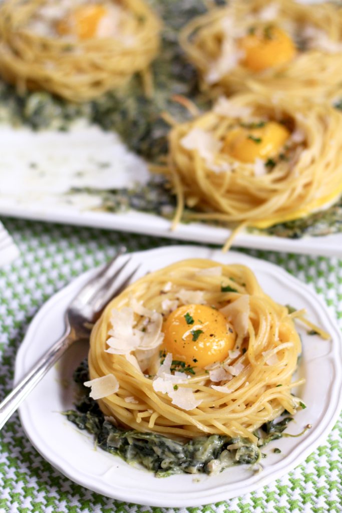 Fried Egg Spaghetti Nests Over Homemade Creamed Spinach