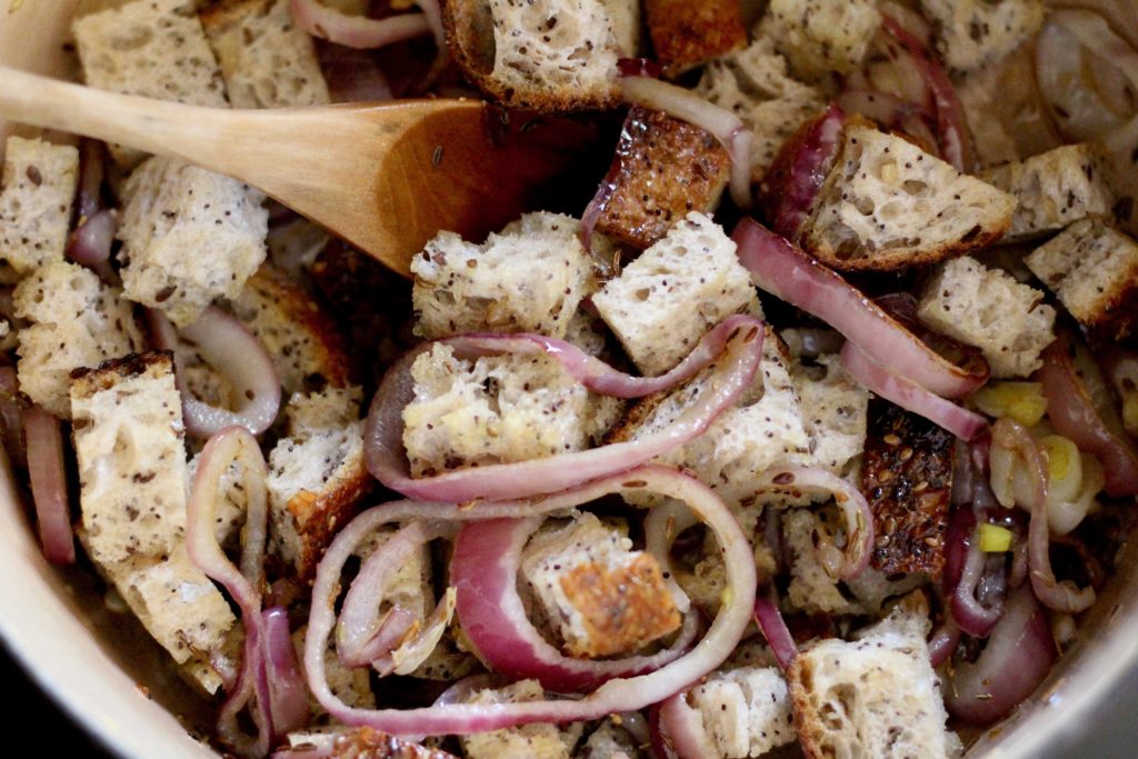Bread Cubes and Red Onions