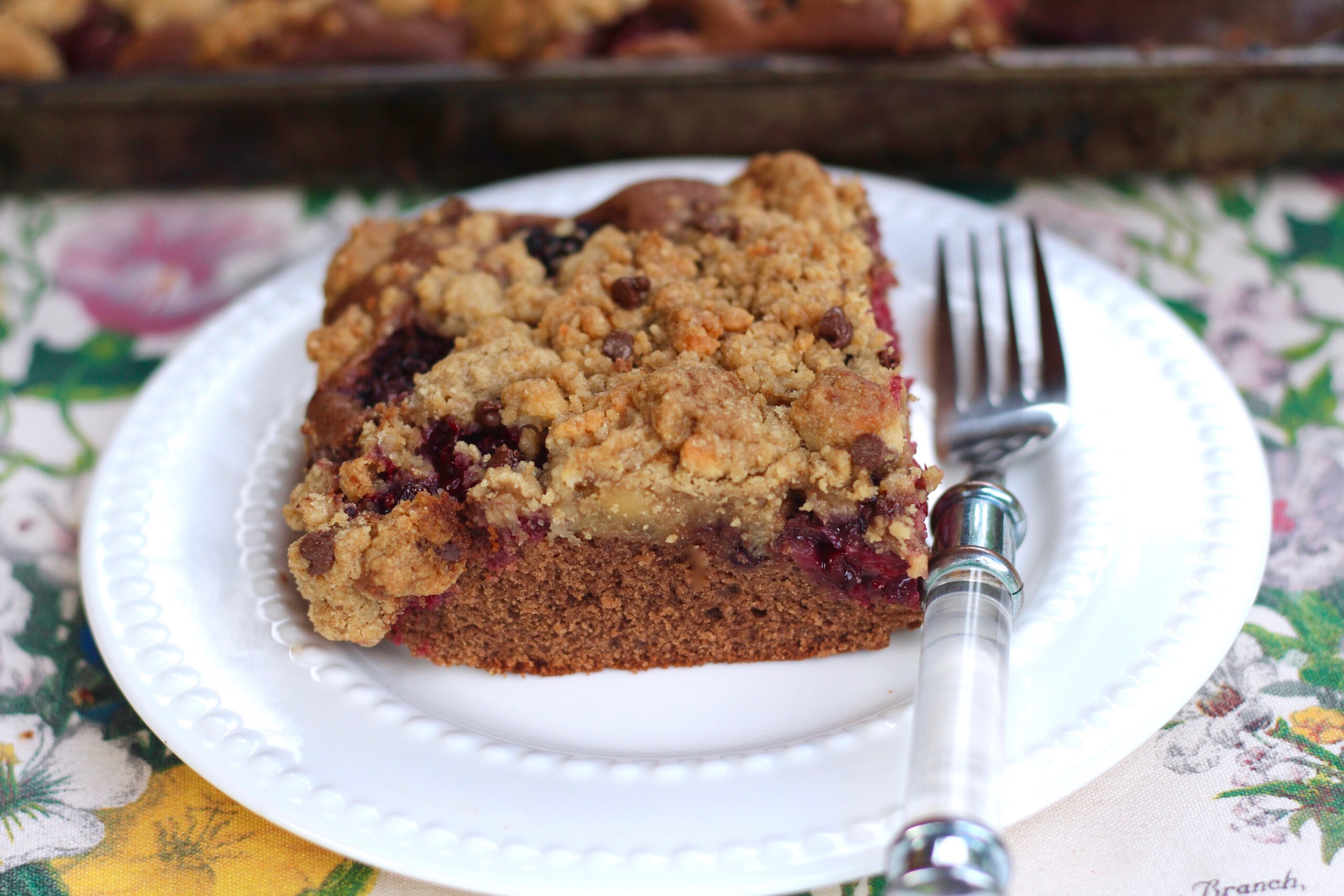 FRESH BLACKBERRY CHOCOLATE CAKE WITH MARZIPAN CHOCOLATE CHIP STREUSEL