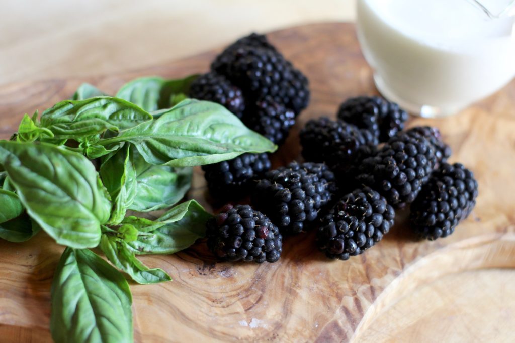Blackberries, Fresh Basil and cream