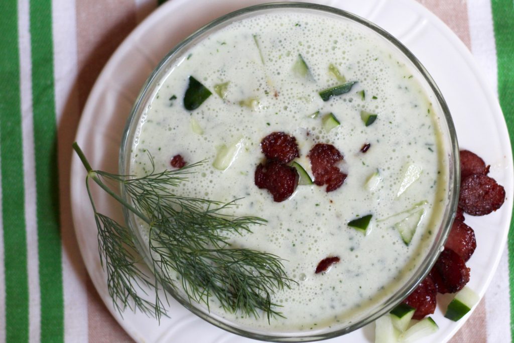 Cold Cucumber Soup with Bratwurst Chips