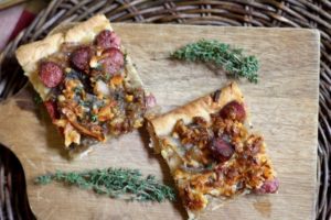 Shallot Bratwurst Gouda Flatbread