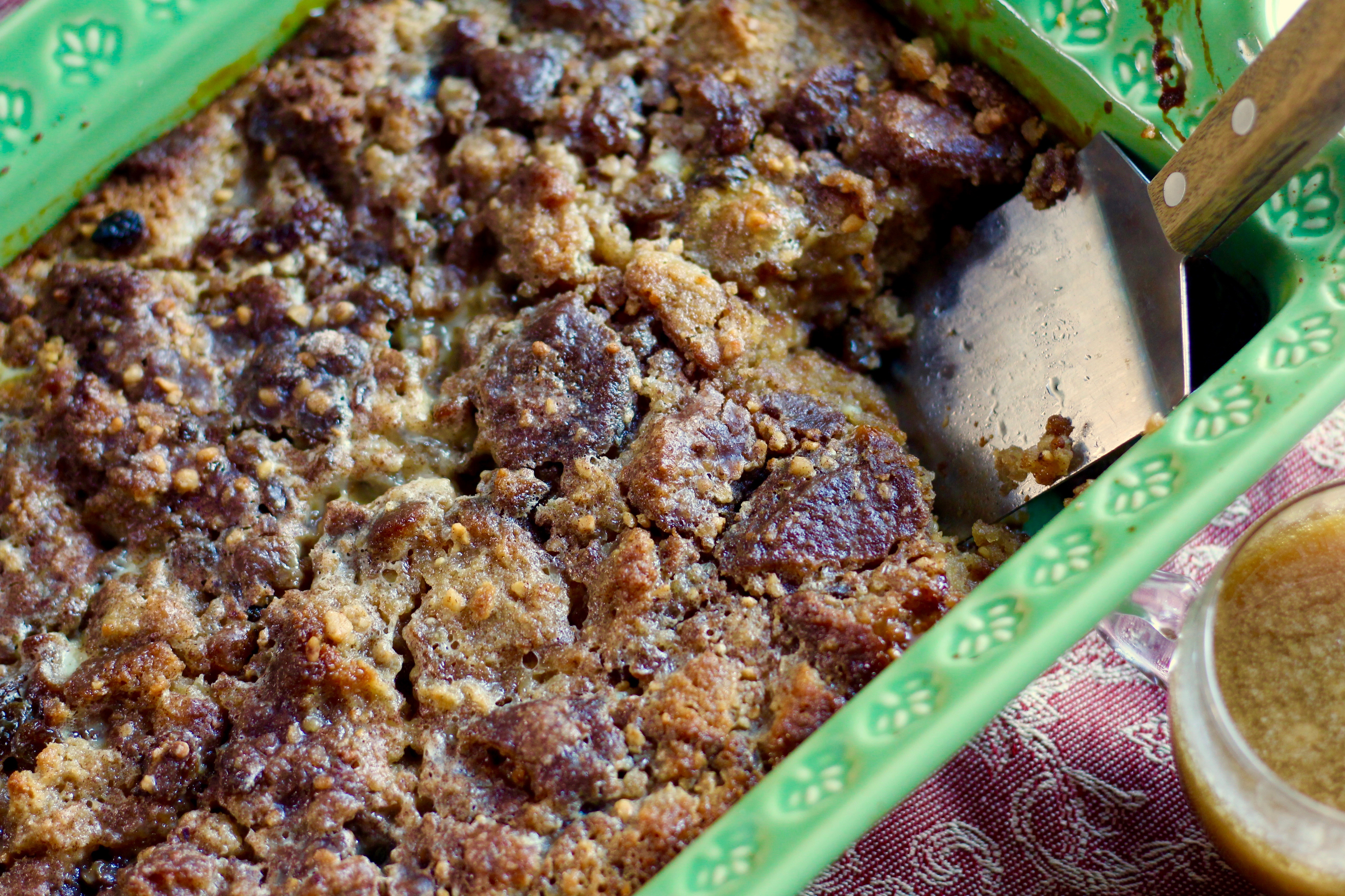 APPLE CIDER DOUGHNUT PUDDING WITH CARAMEL RUM SAUCE