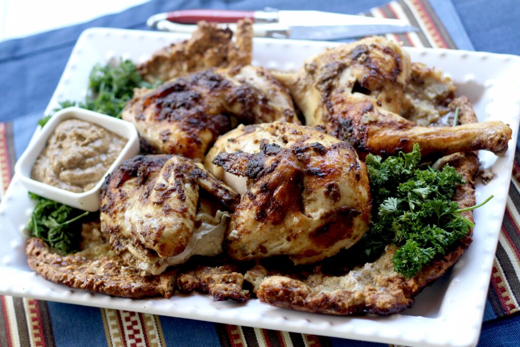 Mustard Roast Chicken over Pretzel Knödel