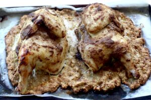 Mustard Roast Chicken over Pretzel Knödel