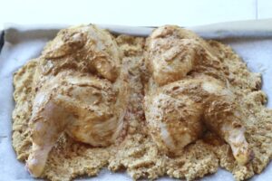 Mustard Roast Chicken over Pretzel Knödel unbaked